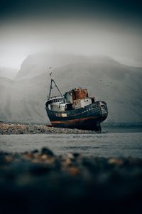 Preview wallpaper ship, shore, fog, shallow, abandoned