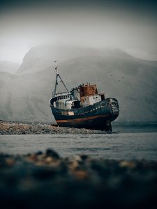 Preview wallpaper ship, shore, fog, shallow, abandoned