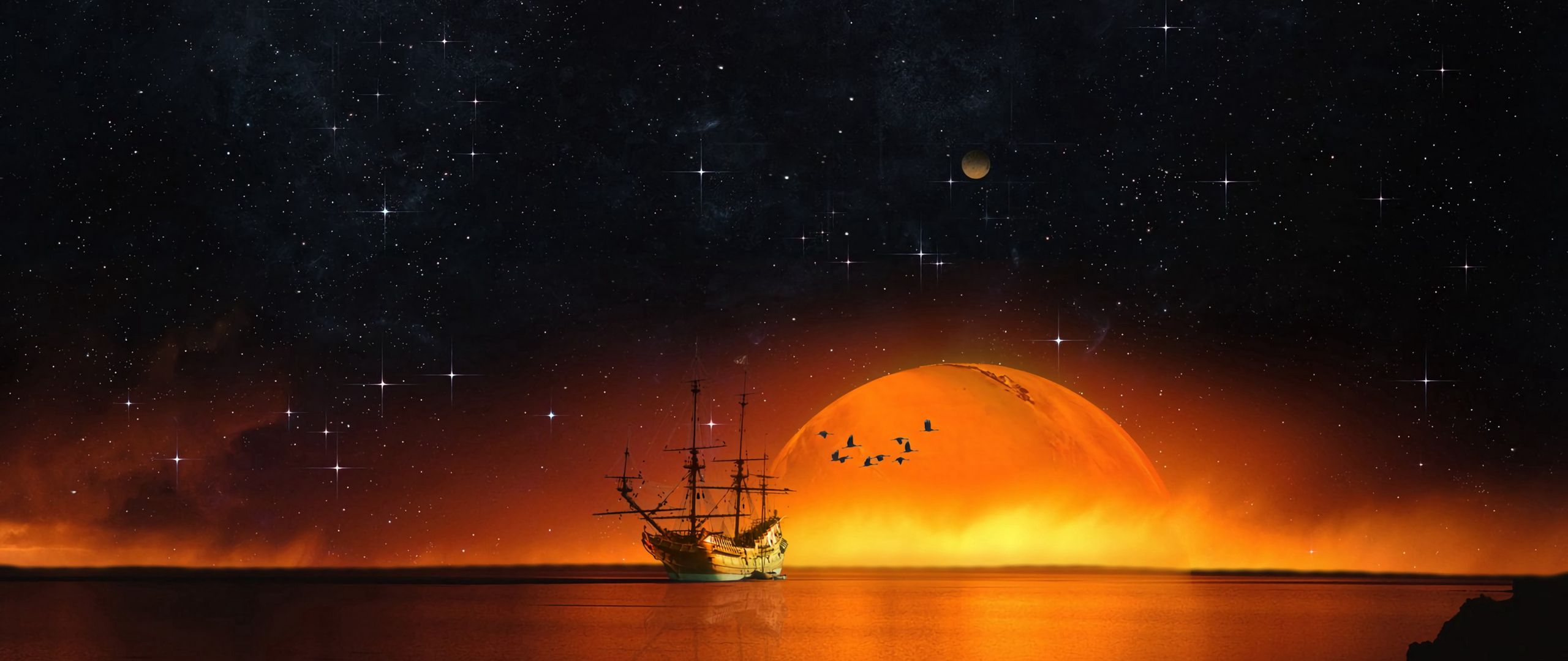 Download wallpaper 2560x1080 ship, starry sky, night, sea, photoshop