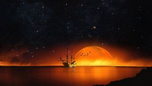 Preview wallpaper ship, starry sky, night, sea, photoshop
