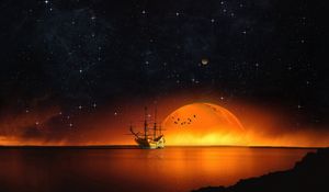 Preview wallpaper ship, starry sky, night, sea, photoshop