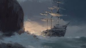 Preview wallpaper ship, stones, sea, waves, clouds, brush strokes, art