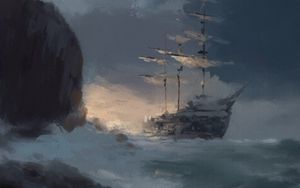 Preview wallpaper ship, stones, sea, waves, clouds, brush strokes, art
