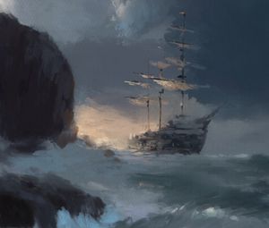 Preview wallpaper ship, stones, sea, waves, clouds, brush strokes, art