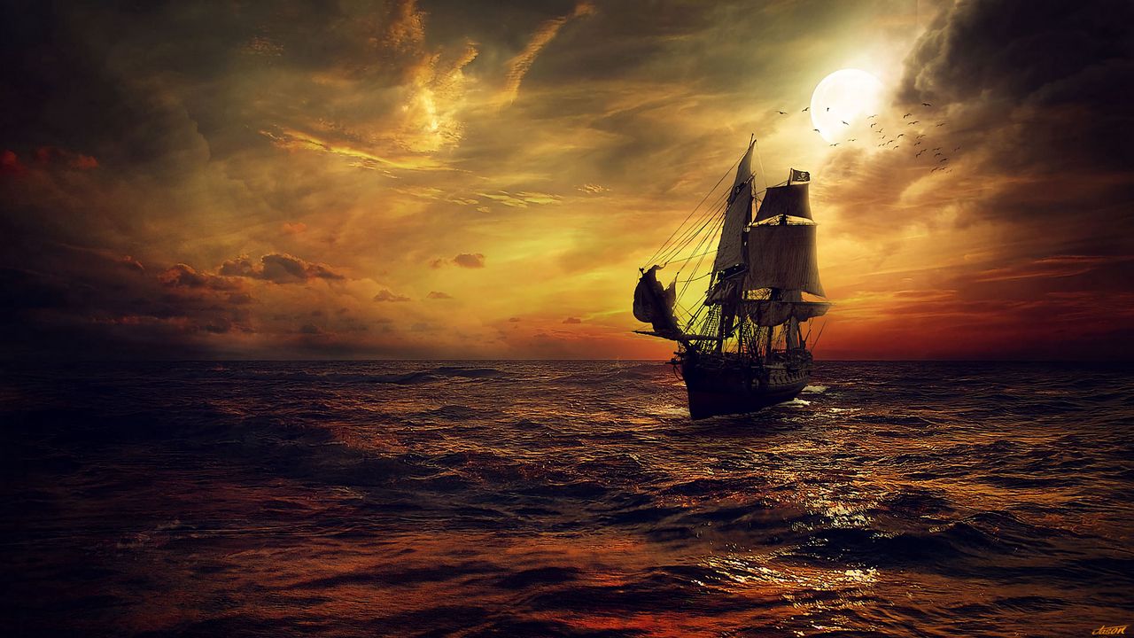 Wallpaper ship, sun, sunset, sails