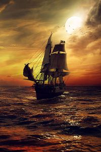 Preview wallpaper ship, sun, sunset, sails