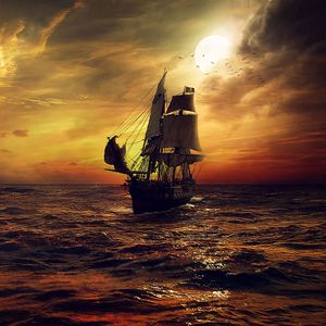 Preview wallpaper ship, sun, sunset, sails