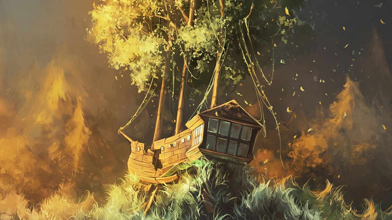 Wallpaper ship, tree, art, fantasy