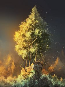 Preview wallpaper ship, tree, art, fantasy
