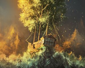 Preview wallpaper ship, tree, art, fantasy