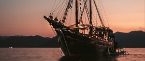 Preview wallpaper ship, water, waves, sunset