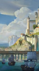 Preview wallpaper ships, castle, rocks, bridge, art
