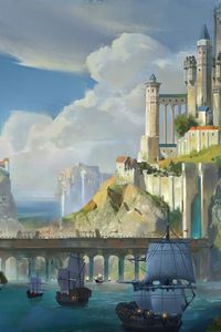 Preview wallpaper ships, castle, rocks, bridge, art