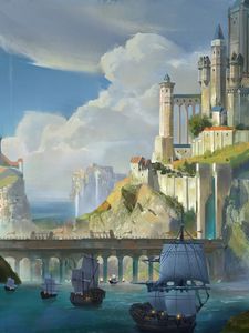 Preview wallpaper ships, castle, rocks, bridge, art