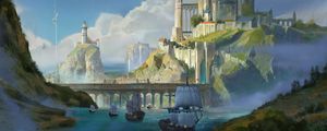 Preview wallpaper ships, castle, rocks, bridge, art