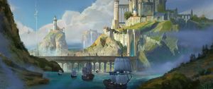 Preview wallpaper ships, castle, rocks, bridge, art