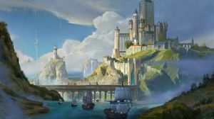 Preview wallpaper ships, castle, rocks, bridge, art