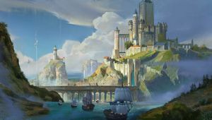 Preview wallpaper ships, castle, rocks, bridge, art