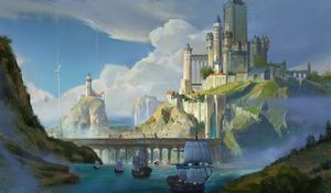 Preview wallpaper ships, castle, rocks, bridge, art