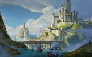 Preview wallpaper ships, castle, rocks, bridge, art