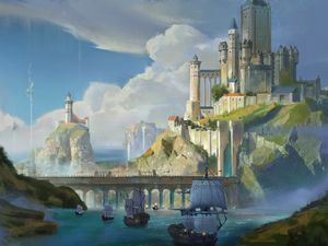 Preview wallpaper ships, castle, rocks, bridge, art