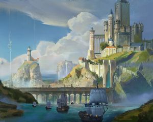 Preview wallpaper ships, castle, rocks, bridge, art