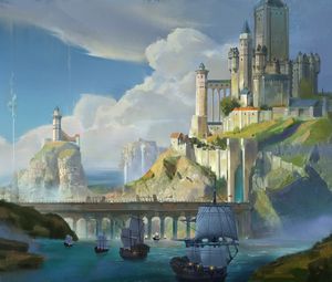 Preview wallpaper ships, castle, rocks, bridge, art