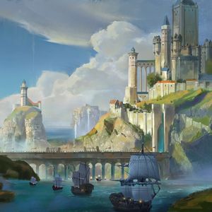 Preview wallpaper ships, castle, rocks, bridge, art