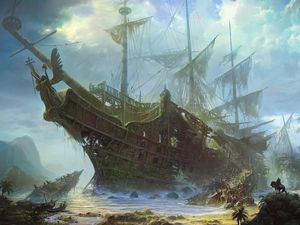 Preview wallpaper ships, old, wreckage, beach, sea, sky, clouds