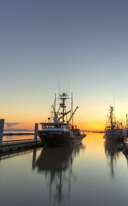 Preview wallpaper ships, pier, river, sunset