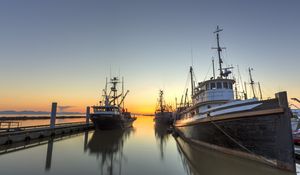 Preview wallpaper ships, pier, river, sunset