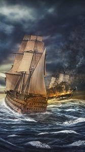 Preview wallpaper ships, sea, storm, sea battle, photoshop