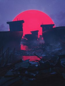 Preview wallpaper ships, sun, circle, ruins