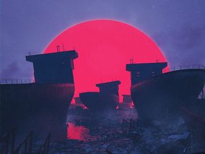 Preview wallpaper ships, sun, circle, ruins