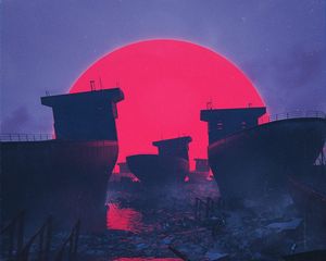 Preview wallpaper ships, sun, circle, ruins