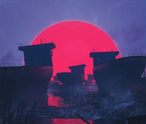Preview wallpaper ships, sun, circle, ruins