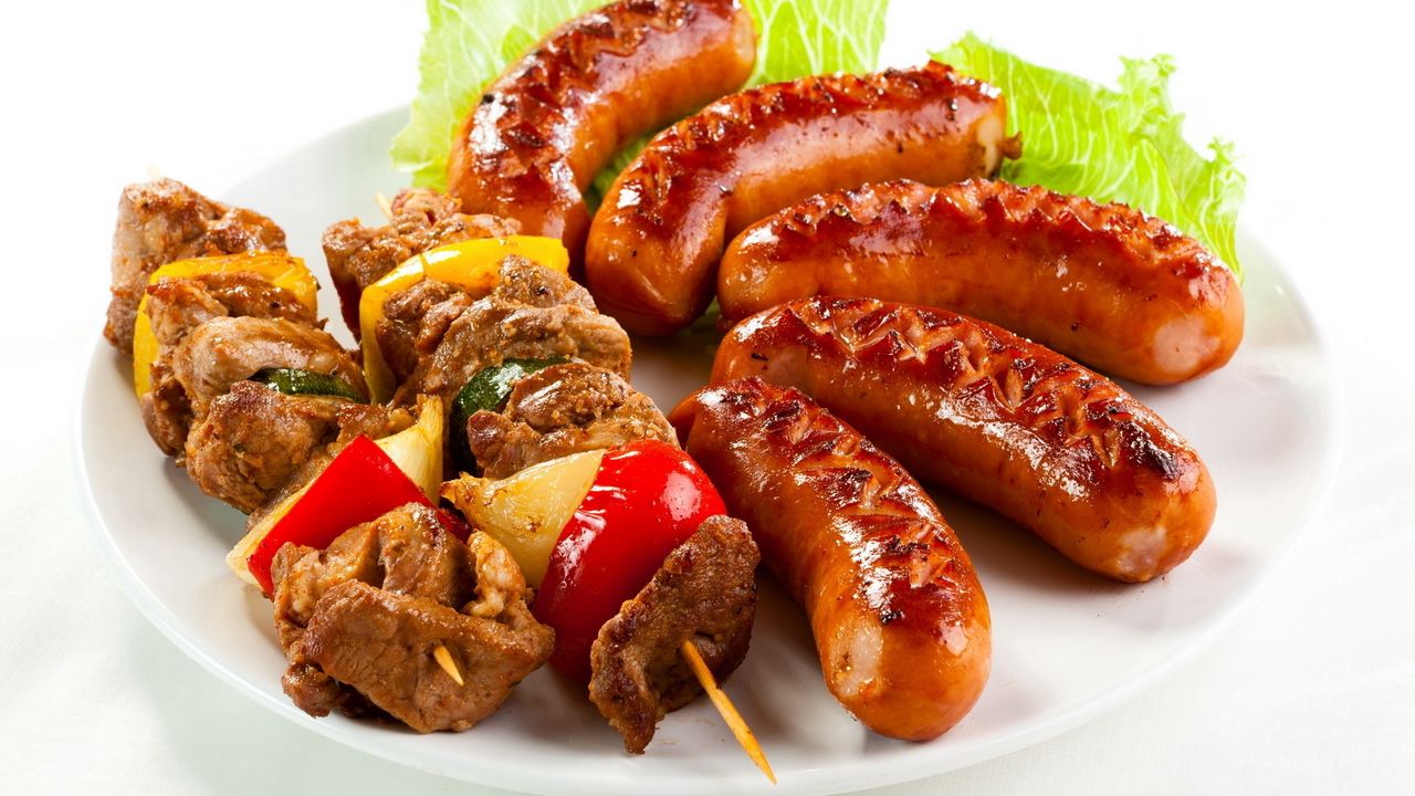 Wallpaper shish kebab, sausages, fried, meat, greens, vegetables
