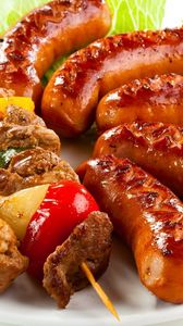 Preview wallpaper shish kebab, sausages, fried, meat, greens, vegetables