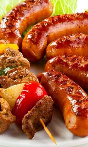 Preview wallpaper shish kebab, sausages, fried, meat, greens, vegetables