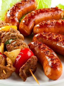 Preview wallpaper shish kebab, sausages, fried, meat, greens, vegetables