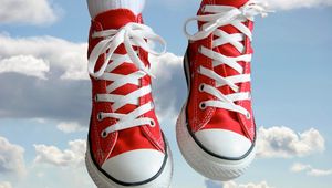 Preview wallpaper shoes, feet, red, white, sky, clouds