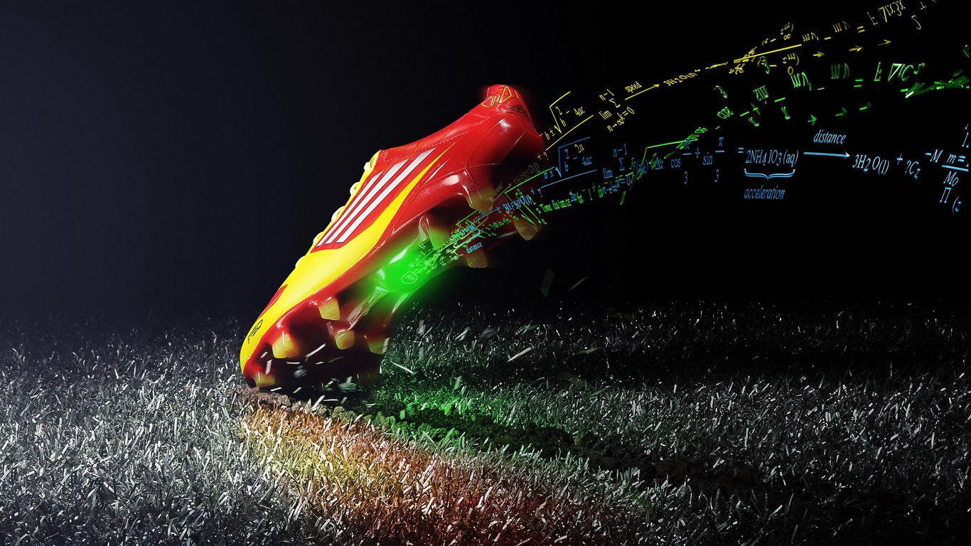 Download wallpaper 1366x768 shoes, sports, calculations, formulas, black  background, football tablet, laptop hd background