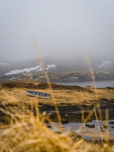 Preview wallpaper shore, boat, fog, lake, hills