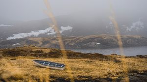 Preview wallpaper shore, boat, fog, lake, hills