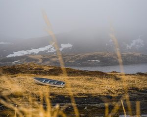 Preview wallpaper shore, boat, fog, lake, hills