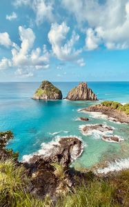 Preview wallpaper shore, coast, grass, rocks, horizon