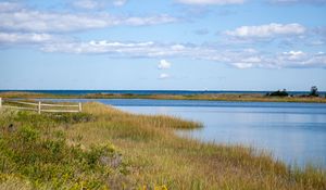 Preview wallpaper shore, grass, river, nature, landscape