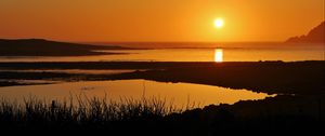 Preview wallpaper shore, grass, water, sunset, nature, dark