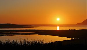 Preview wallpaper shore, grass, water, sunset, nature, dark