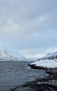 Preview wallpaper shore, mountains, snow, water, landscape